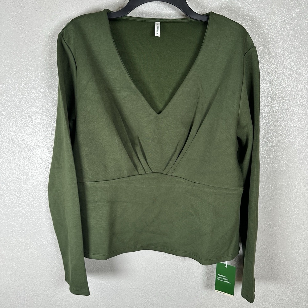 NEW Halara V-Neck Long Sleeve Work Top Womens Size Large Green Office Minimalist